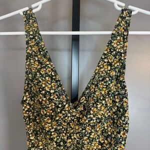 Leith Floral V-Neck Thong‎ Bodysuit Black Yellow Ditsy Print Size S